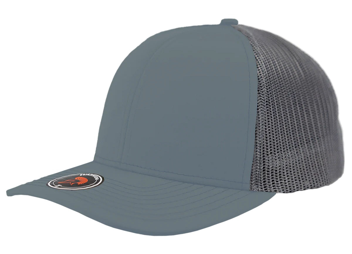 Custom Zapped Headwear Warrior Camo Trucker Snapback Hat in Smoke Blue/Aluminum, ready for personalized logo or design