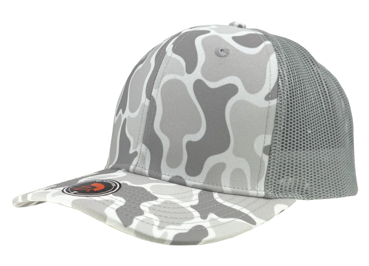 Custom Zapped Headwear Warrior Camo Trucker Snapback Hat in Old School Snow Camo/Grey, ready for personalized logo or design