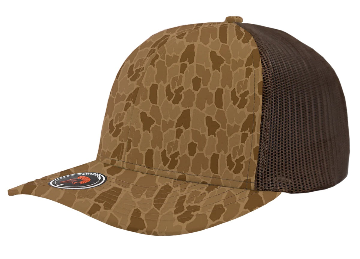 Custom Zapped Headwear Warrior Camo Trucker Snapback Hat in Tree Bark Camo/Brown, ready for personalized logo or design