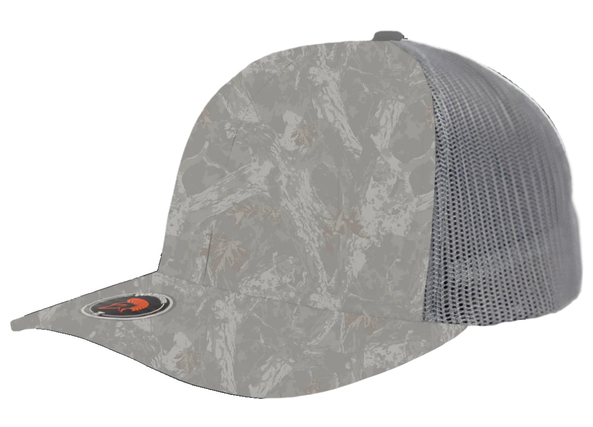 Custom Zapped Headwear Warrior Camo Trucker Snapback Hat in Tree Camo/Grey, ready for personalized logo or design