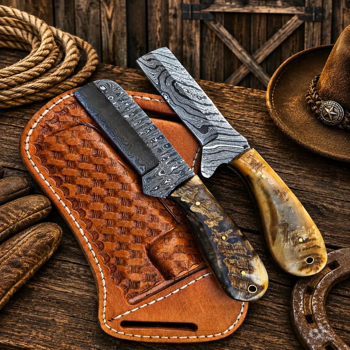 Western Cattleman Bull Cutter Knife Set – Handmade Damascus Skinning & Ranch Blades