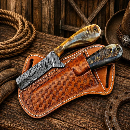 Western Cattleman Bull Cutter Knife Set – Handmade Damascus Skinning & Ranch Blades