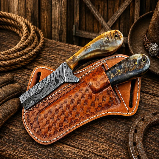 Western Cattleman Bull Cutter Knife Set – Handmade Damascus Skinning & Ranch Blades