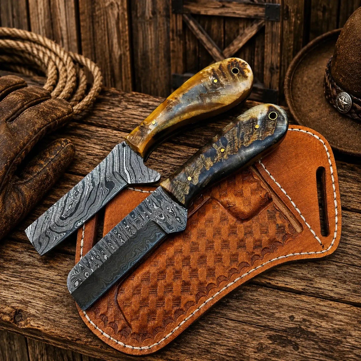 Western Cattleman Bull Cutter Knife Set – Handmade Damascus Skinning & Ranch Blades