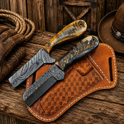 Western Cattleman Bull Cutter Knife Set – Handmade Damascus Skinning & Ranch Blades