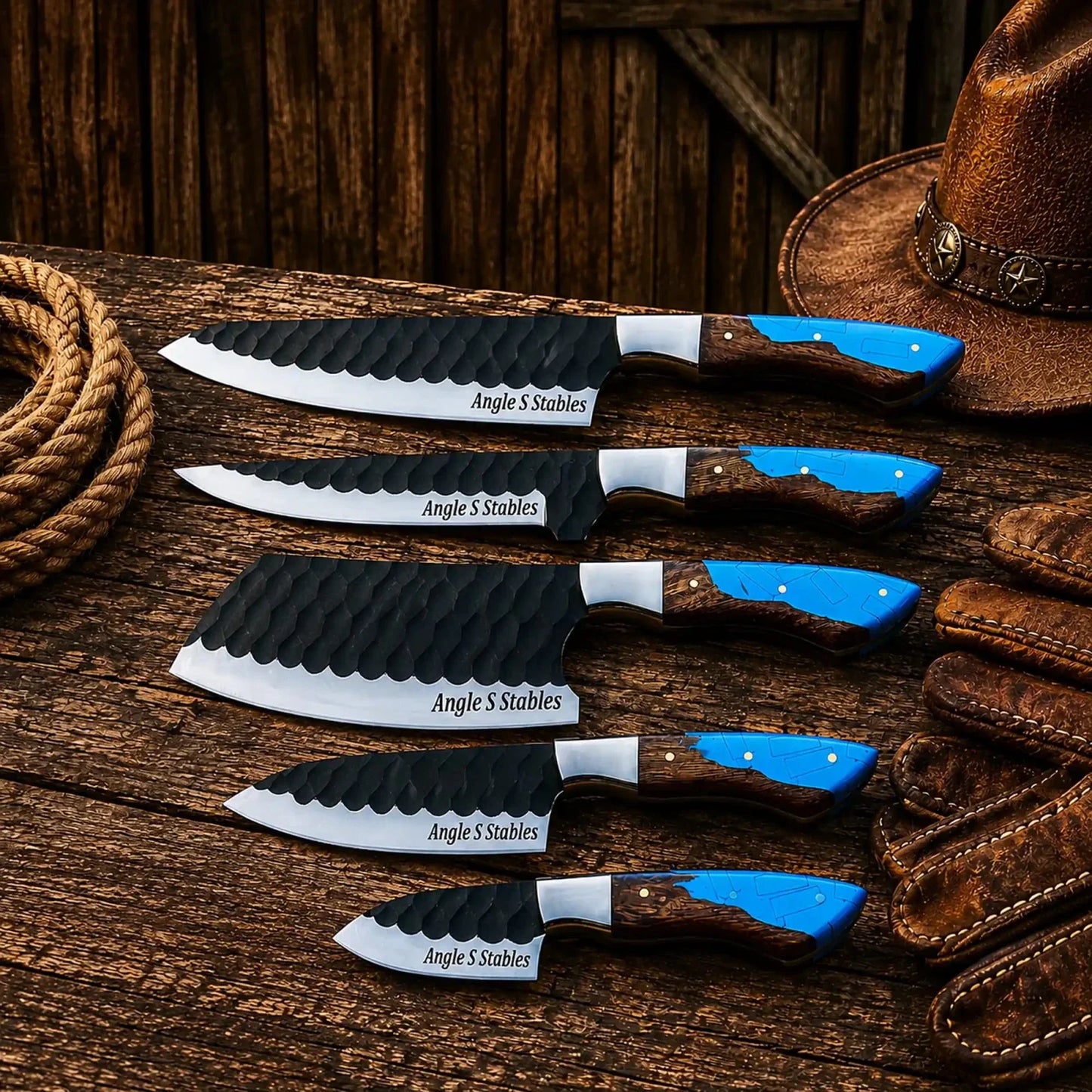 Western Chef Knife Set – D2 Steel Turquoise & Wood Handles