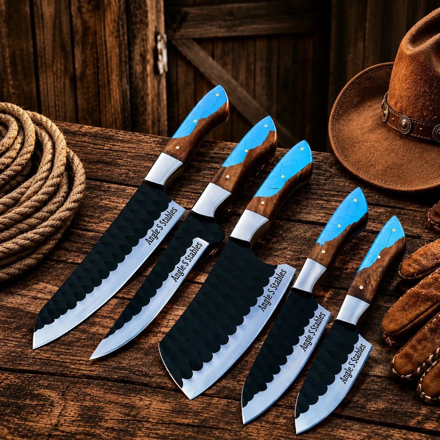 Western Chef Knife Set – D2 Steel Turquoise & Wood Handles