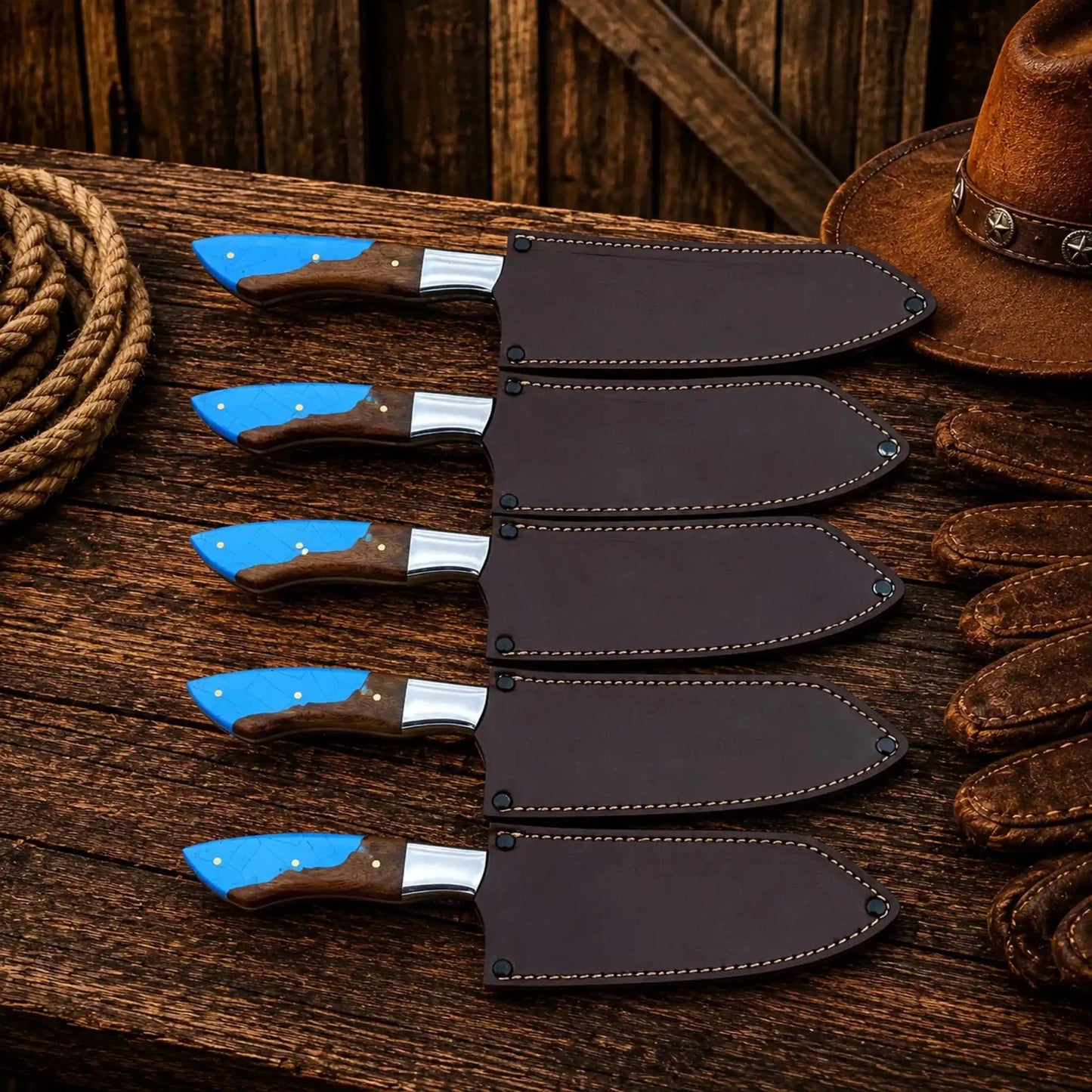 Western Chef Knife Set – D2 Steel Turquoise & Wood Handles