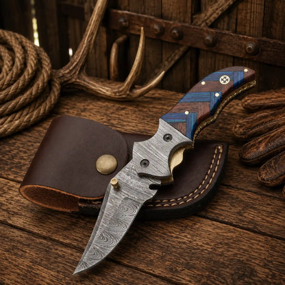7.25" Western Cowboy Folding Pocket Knife – Damascus Steel & Compact Wood Handle