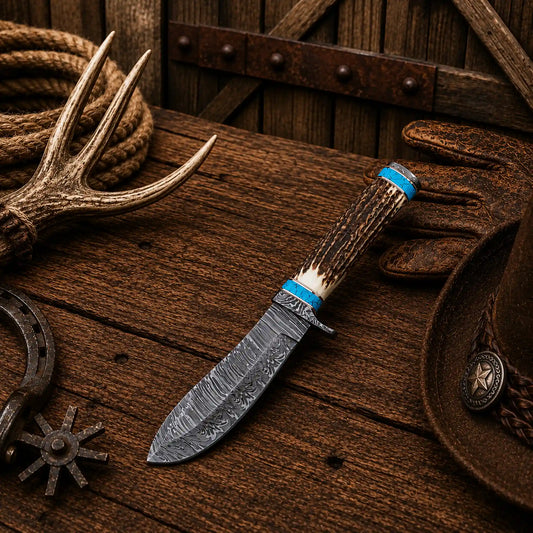 Western Cowboy Hunting Knife – 5" Fire Damascus Blade with Antler & Turquoise Handle