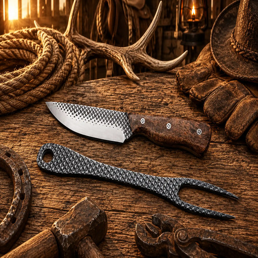 Western Cowboy Knife & Fork Set – Handmade Rasp Steel BBQ Carving Set with Walnut Wood Handles