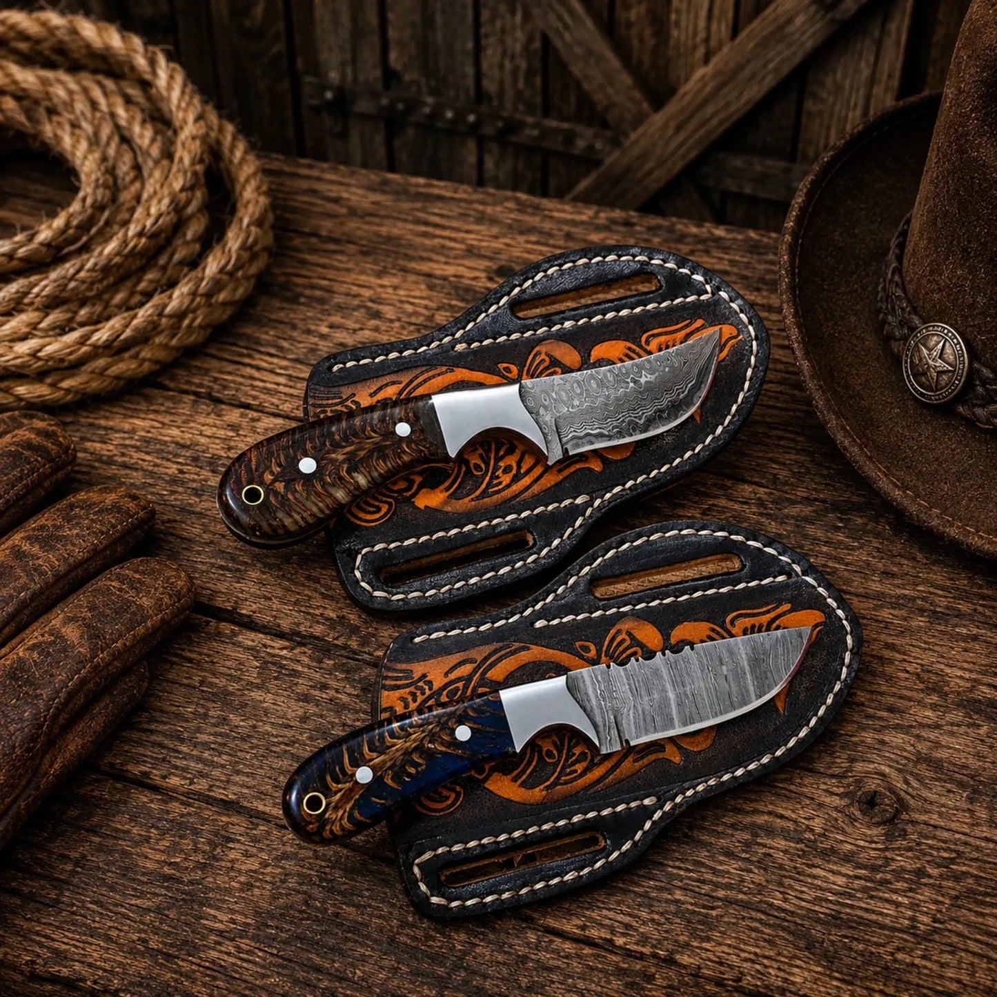Western Cross Draw Knife Set with Damascus Steel & Pinecone Handles