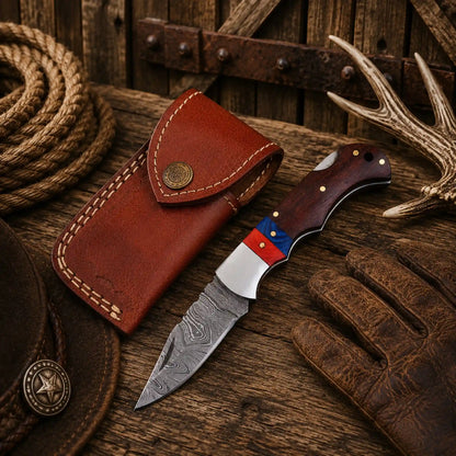 6.5" Damascus Steel Folding Pocket Knife – Wood Handle & Leather Sheath