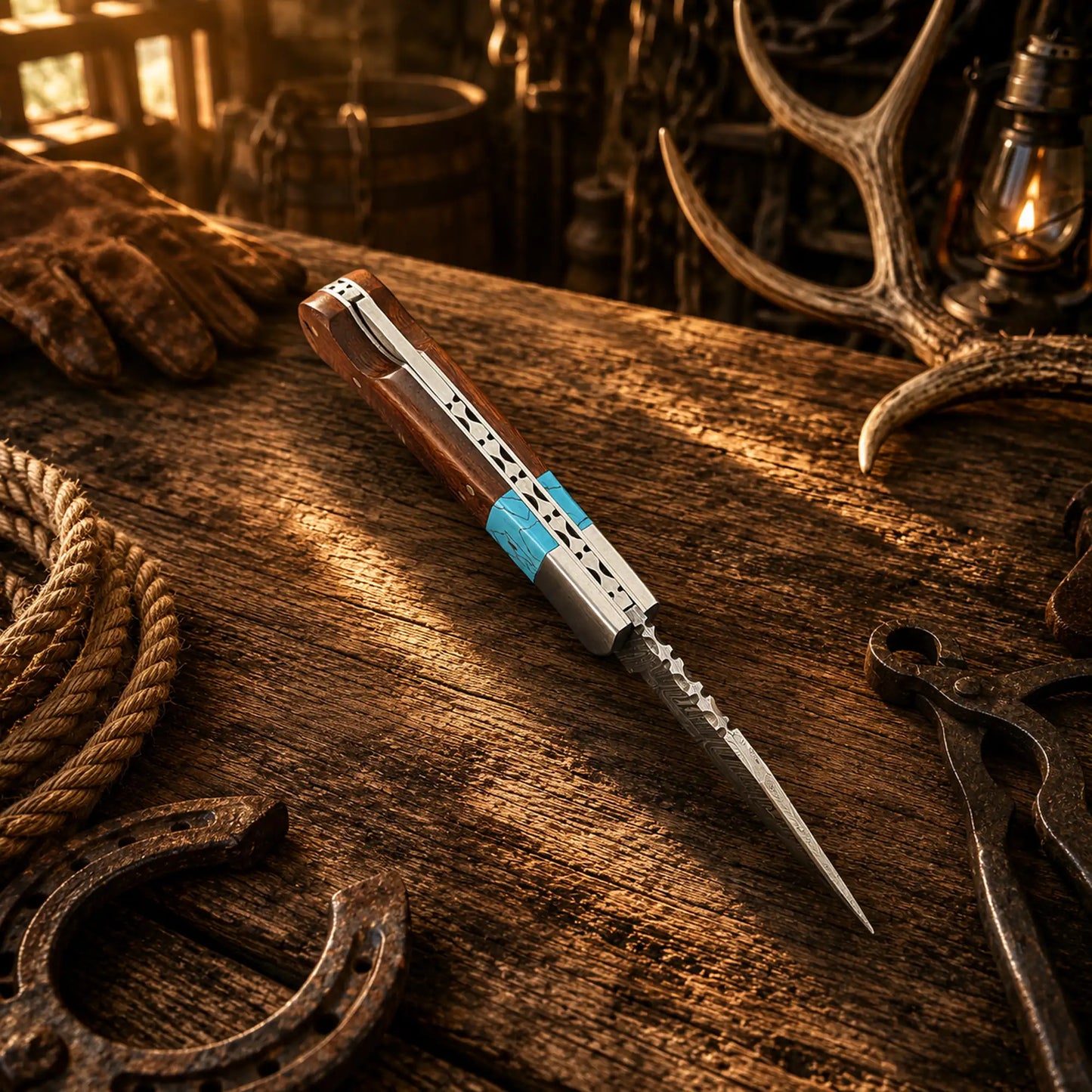 Cowboy Champion Carry Damascus Folding Pocket Knife – Turquoise & Wood Back Lock EDC Knife