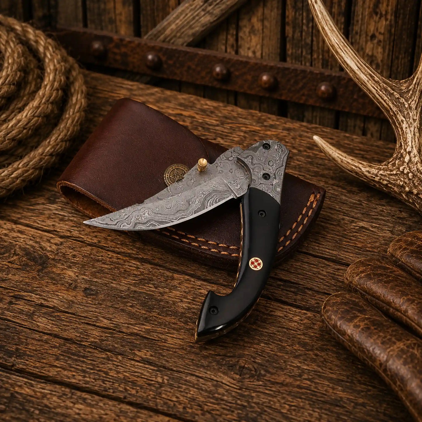 7.25" Western Folding Pocket Knife – Raindrop Damascus Blade & Buffalo Horn Handle