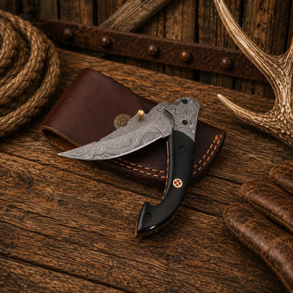7.25" Western Folding Pocket Knife – Raindrop Damascus Blade & Buffalo Horn Handle