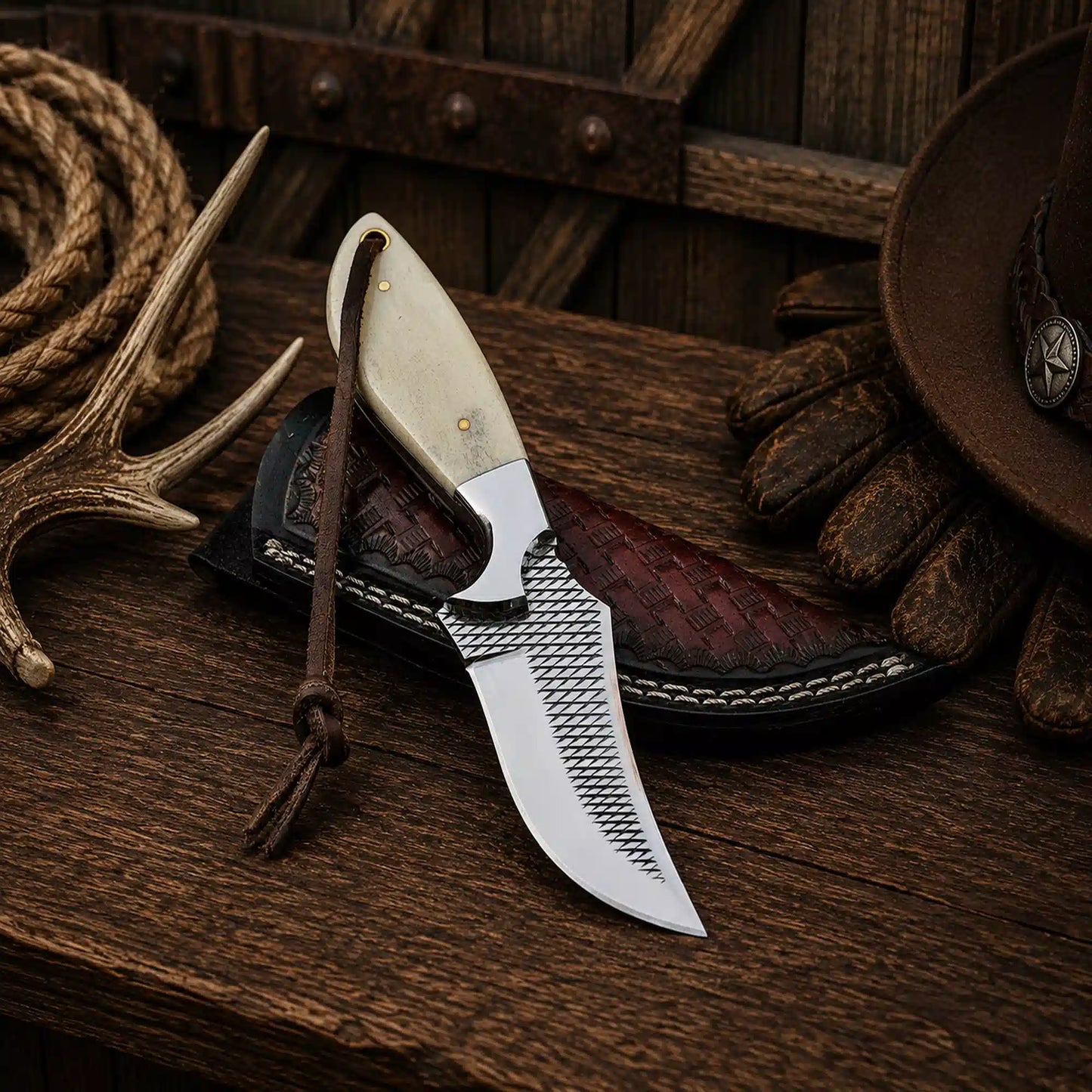 Handmade Western Knife – Rasp Steel Blade & Camel Bone Handle