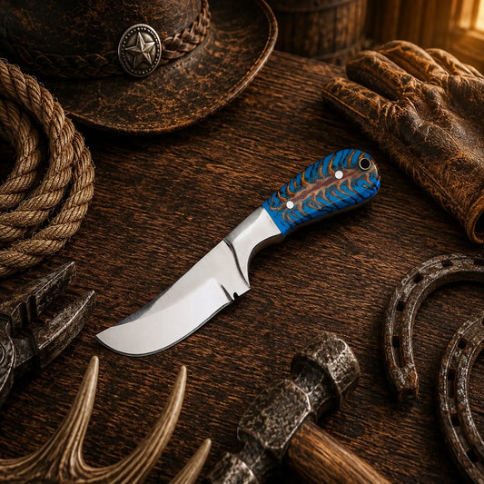 Western Style Ranch Knife – Handmade D2 Steel Turquoise Pine Cone Knife with Cross Draw Sheath