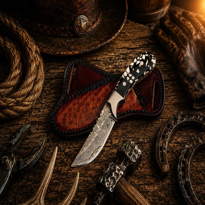 The Working Cowboy Field Knife – Handmade Damascus Steel Belt Knife with Resin Handle