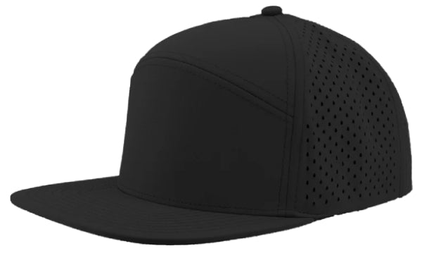 Custom Zapped Headwear Youth Osprey 7-Panel Perforated Snapback Hat in Black, ready for personalized logo or design