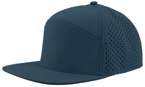 Custom Zapped Headwear Youth Osprey 7-Panel Perforated Snapback Hat in Navy, ready for personalized logo or design